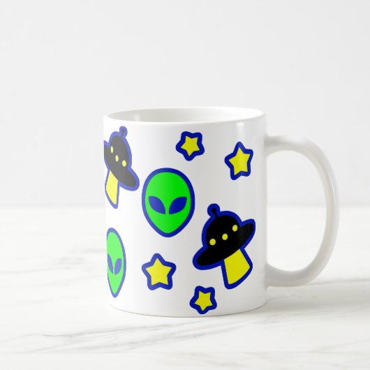 Funny Alien Head UFO Stars Muster Cartoon Comic Kaffeetasse (Rechts)
