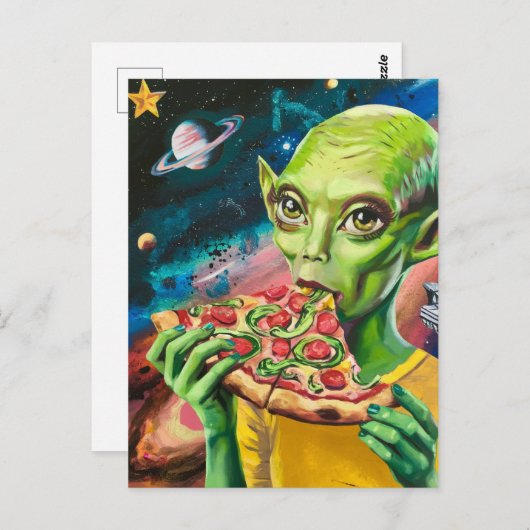 Funny Alien in Space Eating Pizza Postkarte (Vorne/Hinten)