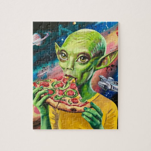 Funny Alien in Space Eating Pizza Puzzle (Vertikal)