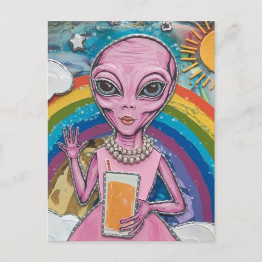 Funny Alien Lady in Rosa mit Orange Juice Rainbow Postkarte (Vorderseite)