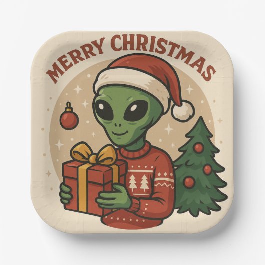 Funny Alien Merry Christmas Pappteller (Vorderseite)
