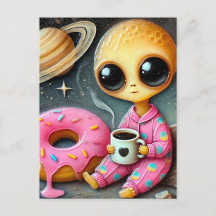 Funny Alien mit Kaffee und Donut im Weltraum Postkarte