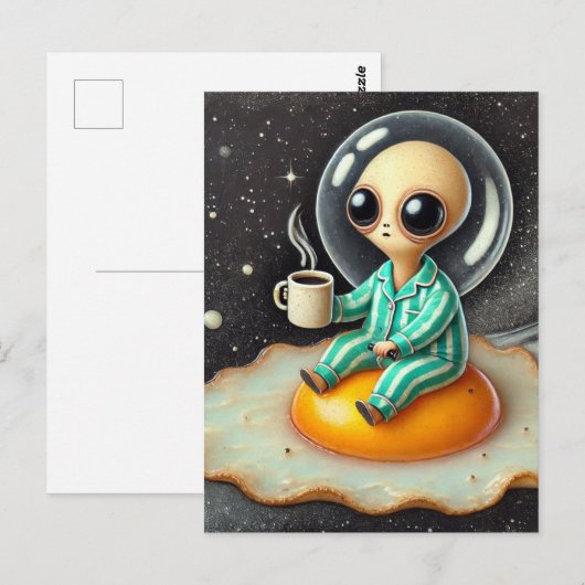 Funny Alien on a Fried Egg Ship in Space Postkarte (Vorne/Hinten)