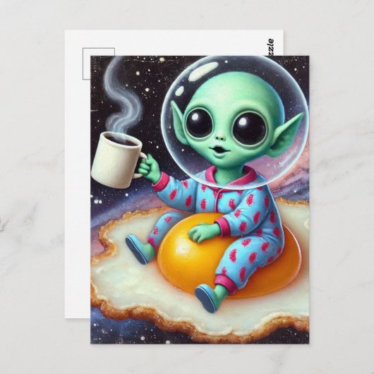 Funny Alien on a Fried Ei in Space Postkarte (Vorne/Hinten)