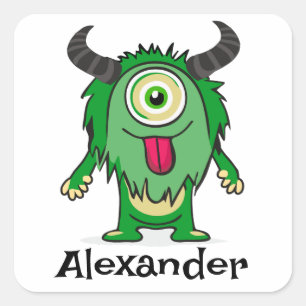 Funny Alien One Eye Green Monster Cartoon Quadratischer Aufkleber