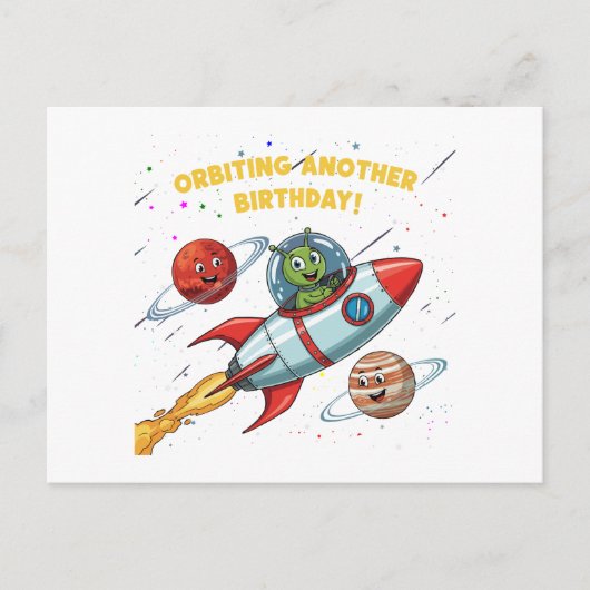 Funny Alien "Orbit Another Birthday" Weltraumkarte Postkarte (Vorderseite)