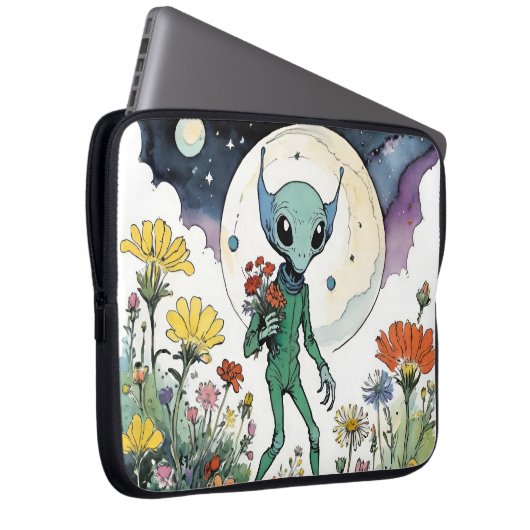 Funny Alien Picking Flowers With Full Moon Laptopschutzhülle (Vorne Rechts)