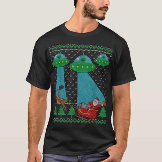 Funny Alien Ufo Santa Sleigh Ugly Christmas Sweate T-Shirt (Vorderseite)