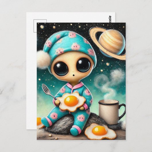Funny Alien with Fried Egs in Space Postkarte (Vorne/Hinten)