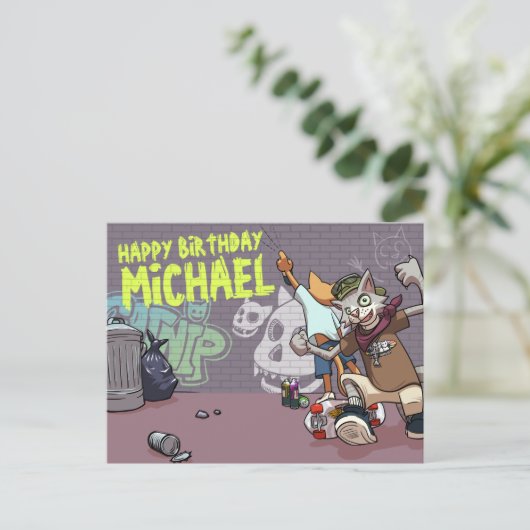 Funny Alley Katzen hinzufügen Name Graffiti Geburt Postkarte (Stehend Vorderseite)