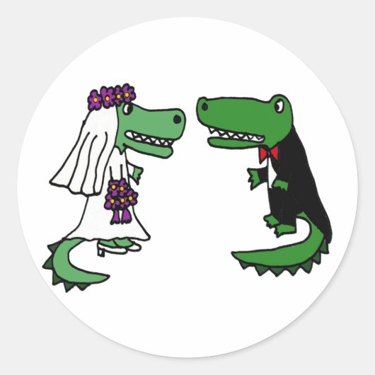 Funny Alligator Brie and Groom Cartoon Runder Aufkleber (Vorderseite)