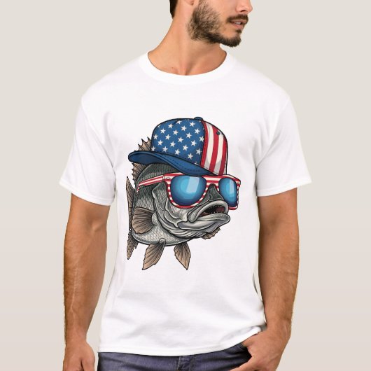 Funny American Big Fish Wearing Flag Cap Fishing T-Shirt (Vorderseite)