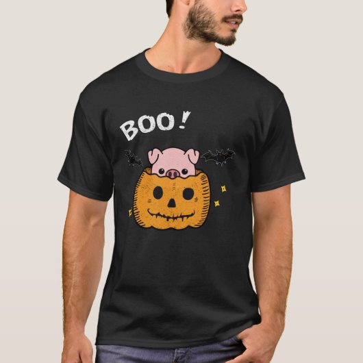funny and cute piggy pig boo in pumpkin bats Hallo T-Shirt (Vorderseite)