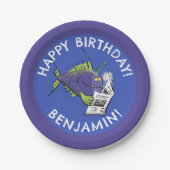 Funny angler Fisch Cartoon personalisiert Geburtst Pappteller (Vorderseite)