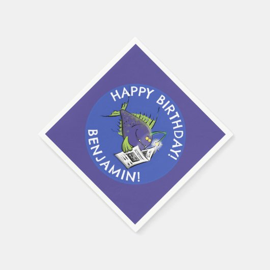 Funny angler Fisch Cartoon personalisiert Geburtst Serviette (Ecke)