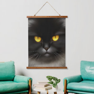 Funny Angry Fluffy Black Persian Kitty Cat Face Wandteppich Mit Holzrahmen