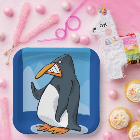 Funny Angry Pinguin Cartoon Cool Waving Pappteller (Party)