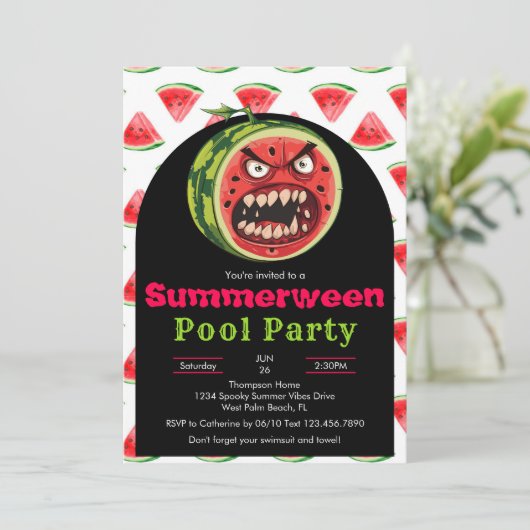 Funny Angry Watermelon Summerween Pool Party Einladung (Stehend Vorderseite)