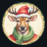 Funny Animal Christmas Favorites - Hirsch 2 Runder Aufkleber<br><div class="desc">Funny Animal Christmas design von EDDA Froehlich / EDDArt | Unsere Tiere Favoriten mit Santa Outfit bringen Freude und eine Idee für alle, die lustige Tiere, Weihnachtsgrüße auch für freie Spirituosen, Weihnachtsliebhaber, glückliche Menschen, Fans von Weihnachtsdekorationen. Dieses lustige Weihnachtsdesign ist auffallend und könnte auf fröhliche Weise Aufmerksamkeit erlangen. Zeigen Sie...</div>