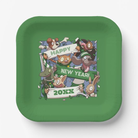 Funny Animals Add The New Year Sports Fans Cartoon Pappteller (Vorderseite)