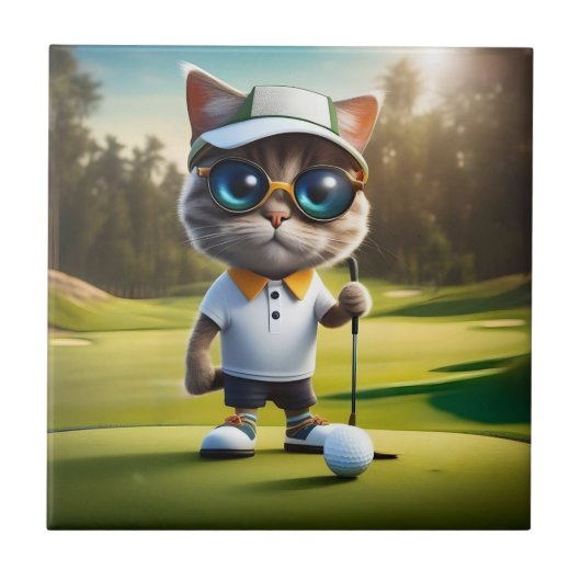 Funny Animated Cat Golf Player, Fliese (Vorderseite)