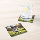 Funny Animated Cat Golf Player, Rechteckiger Pappuntersetzer (Vor Ort)