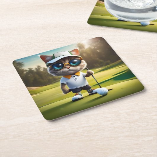 Funny Animated Cat Golf Player, Rechteckiger Pappuntersetzer (angewinkelt)