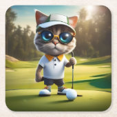 Funny Animated Cat Golf Player, Rechteckiger Pappuntersetzer (Vorderseite)
