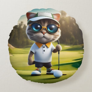 Funny Animated Cat Golf Player, Rundes Kissen
