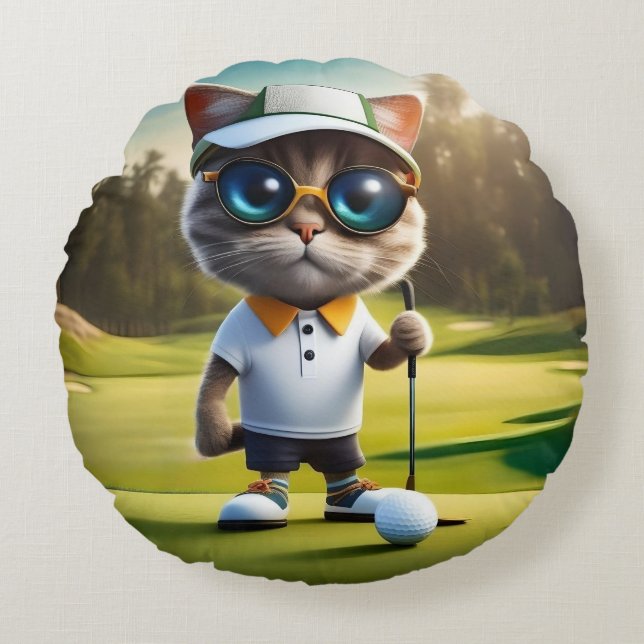 Funny Animated Cat Golf Player, Rundes Kissen (Vorderseite)