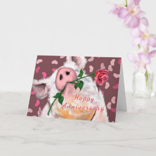 Funny Anniversary Card Gentleman Pig mit Rose Karte