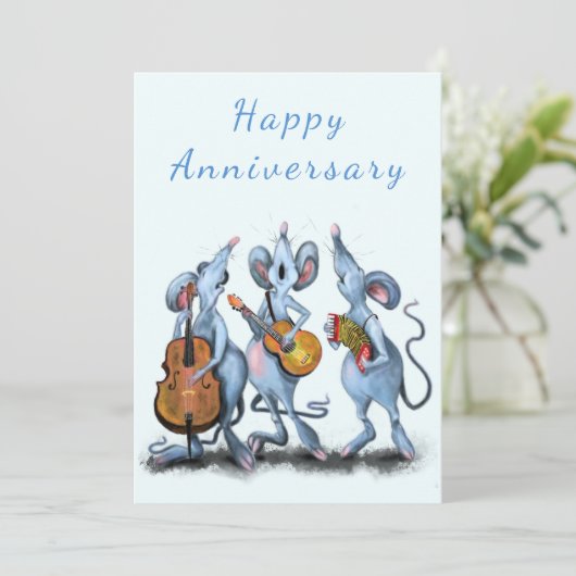 Funny Anniversary Card Mouse Music Band (Stehend Vorderseite)