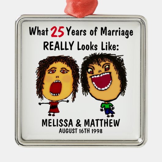 Funny Anniversary Couple Cartoon Ornament Aus Metall (Vorne)