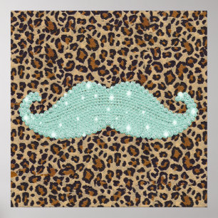 Funny Aquamarin Green Blly Mustache und Animal Pri Poster