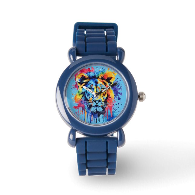 Funny Aquarell farbiger Löwe Armbanduhr (Vorderseite)
