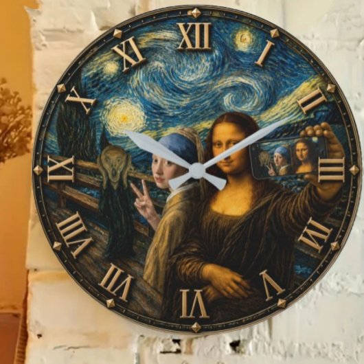 Funny Art Selfie Mona Lisa  Große Wanduhr