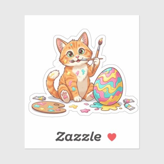 Funny Artist Cat Painting Easter Egg Messy Sticker (Blatt)
