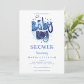 Funny Artistic Typografy Blue Baby Boy Showdusche Einladung (Stehend Vorderseite)