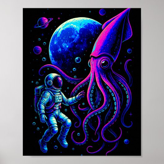 Funny Astronaut And Squid In Underwater Space With Poster (Vorne)