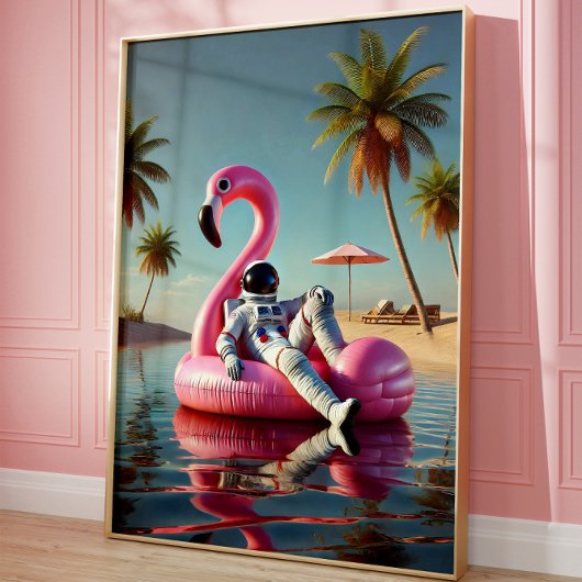 Funny Astronaut auf der Pink Flamingo Beach Wall A Poster