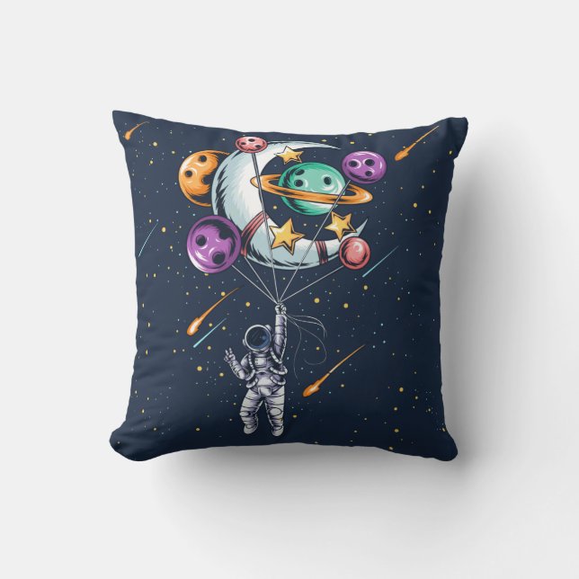 Funny Astronaut Holding a Balloon Planets Kissen (Vorderseite)