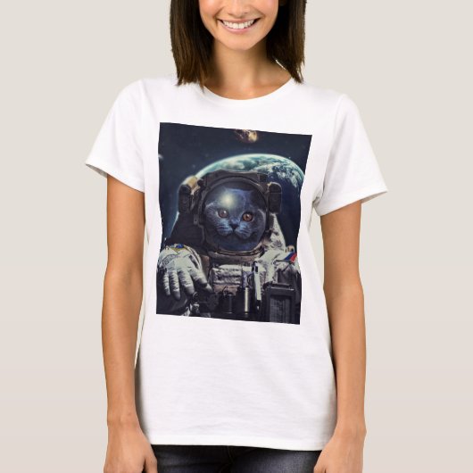Funny Astronaut Kurzhaarkatze im Weltraum T-Shirt (Vorderseite)