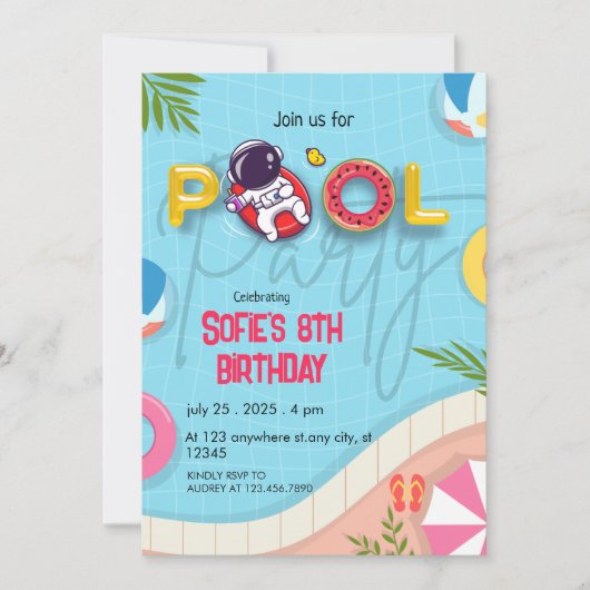 Funny Astronaut Pool Party Geburtstag Einladung (Vorderseite)