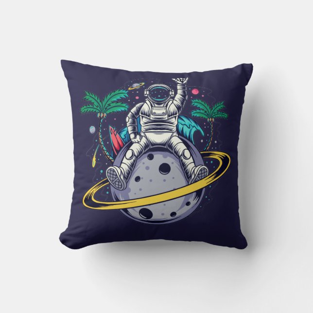 Funny Astronaut sitzt auf Saturn Kissen (Vorderseite)