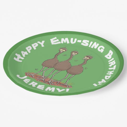 Funny Australian emu trio Cartoon Illustration Pappteller (Schrägansicht)
