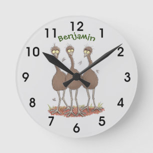 Funny Australian emu trio Cartoon Illustration Runde Wanduhr