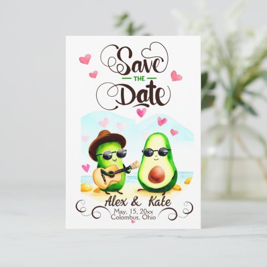 Funny Avocado Couple Greenery Save The Date (Stehend Vorderseite)