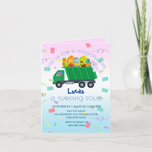 Funny Baby Dinosaurier Müllwagen Geburtsname Einladung (Vorderseite)