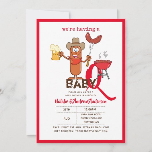 Funny Baby-Q GRILLEN Sausage Modern Boy Girl Einladung (Vorderseite)