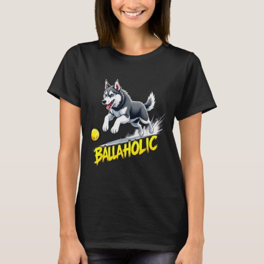 Funny Ballaholic Siberian Husky Dog Chasing Ball T-Shirt (Vorderseite)